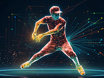 Digitized illustration of a glowing red and yellow person throwing a baseball.