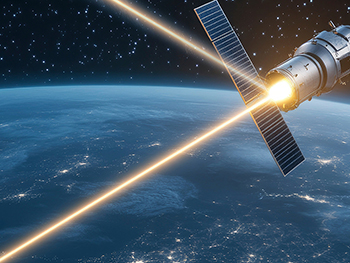 Illustration of a satellite transmitting beams of light in Earth's orbit.