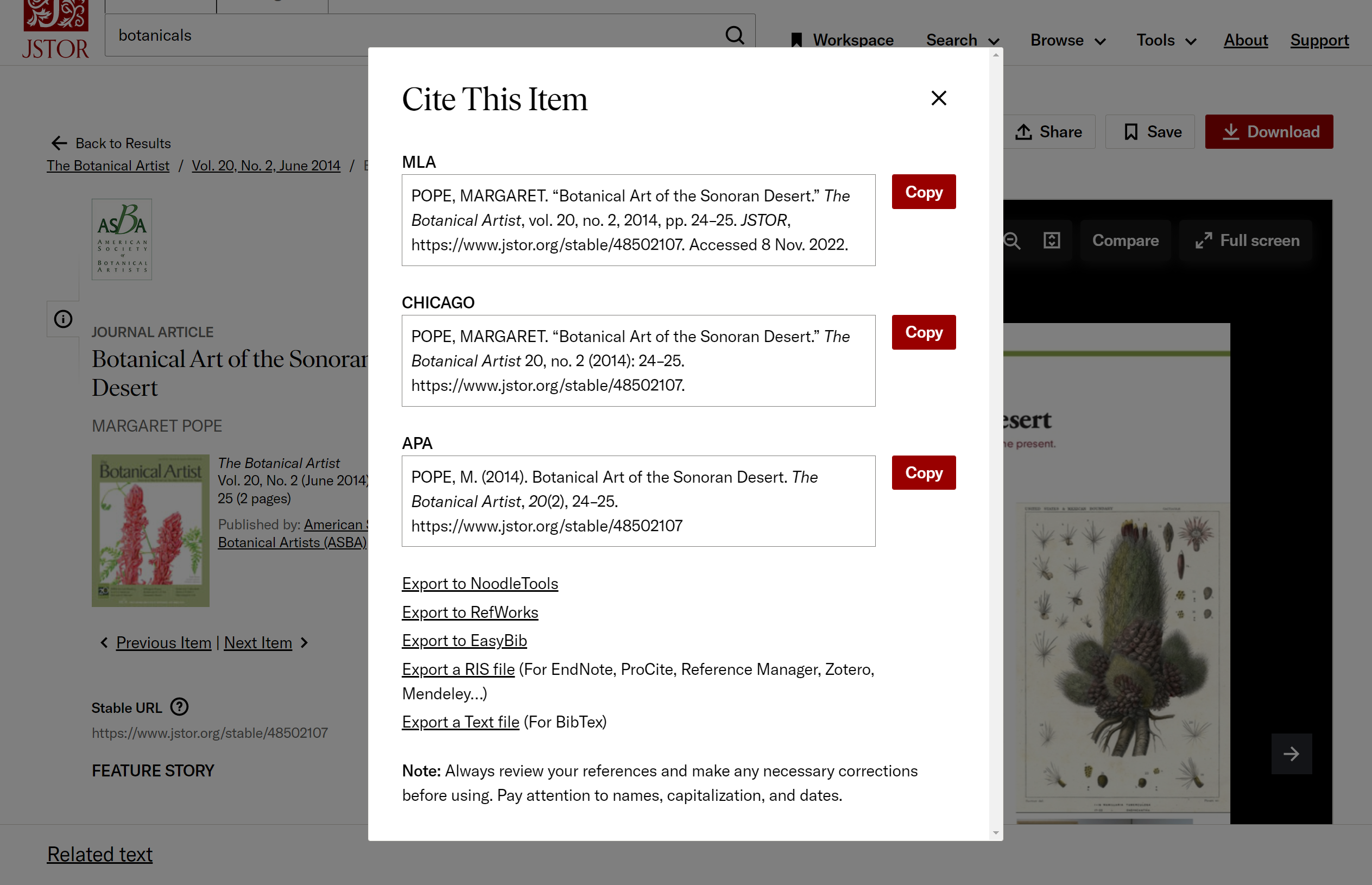 Cite This Item pop-up window