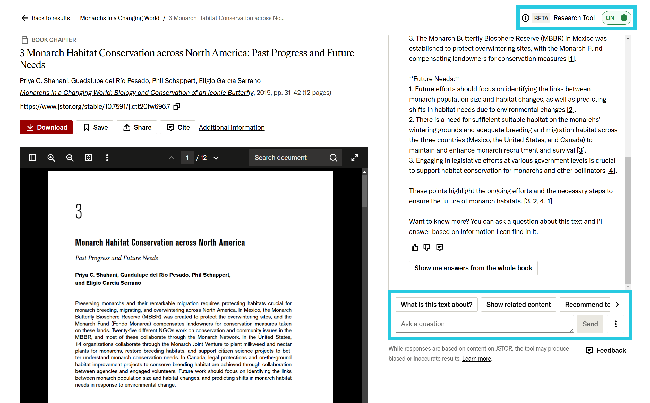 On/Off toggle and prompt buttons for interactive research tool on an item page