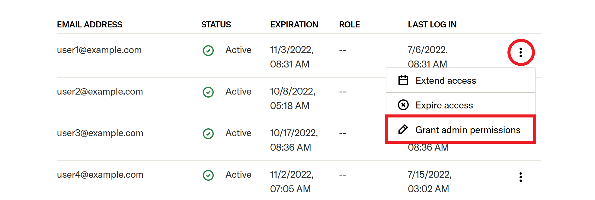 User Management page account context drop-down menu