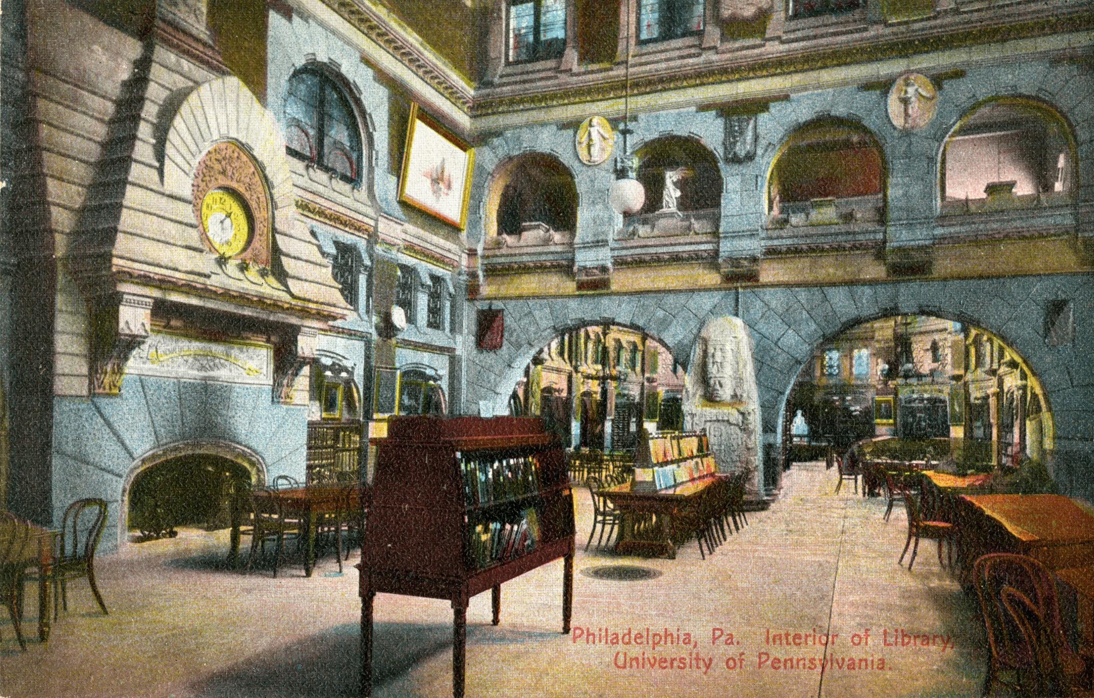 Postcard of of the interior view of the reading room at University Library, now Anne and Jerome Fisher Fine Arts Library