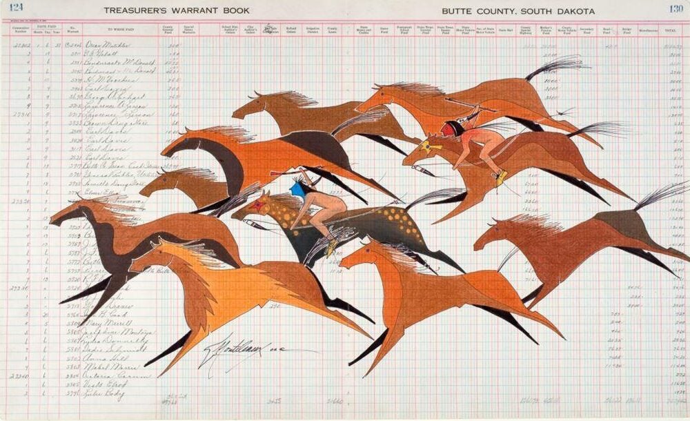 A dynamic illustration of galloping horses in vivid brown and orange tones, drawn over a ledger sheet, symbolizing Native American culture and history.