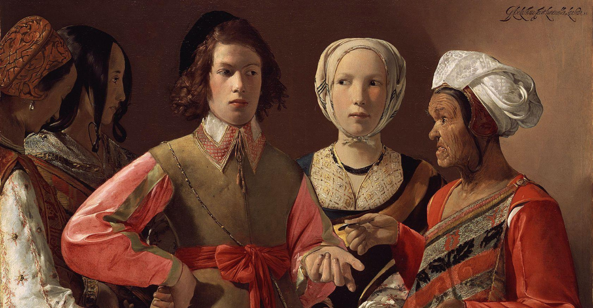 A 17th-century painting by Georges de La Tour featuring a young man receiving a fortune-telling from an elderly woman. He is surrounded by three women, each dressed in traditional clothing with elaborate headscarves. The painting captures a moment of subtle intrigue and interaction between the figures.