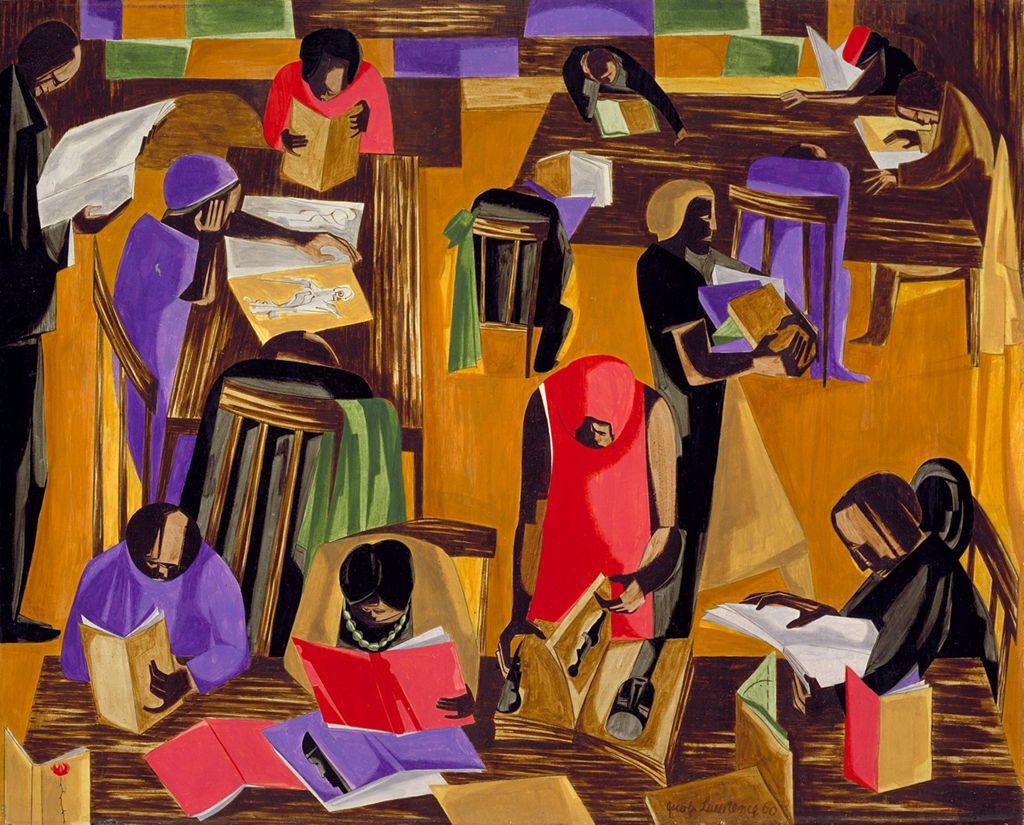 Painting by Jacob Lawrence titled "The Library" (1960), depicting a vibrant, abstracted scene of individuals reading and studying in a library. Figures are scattered across the composition, absorbed in books and materials, with warm tones of orange, yellow, purple, and red dominating the color palette, giving a sense of focus and intellectual engagement.