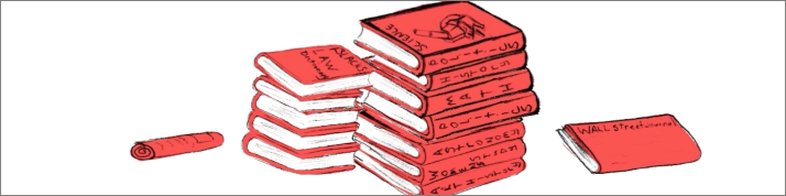 An illustration of two stacks of red books with various mathematical symbols and phrases on the covers. A rolled-up scroll lies to the left of the stacks, and a single red book titled 'Wall Street' is placed to the right, slightly separated from the main group.