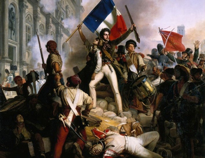 Painting of French revolutionaries waving a French flag and fighting for independence in the late 1700's.