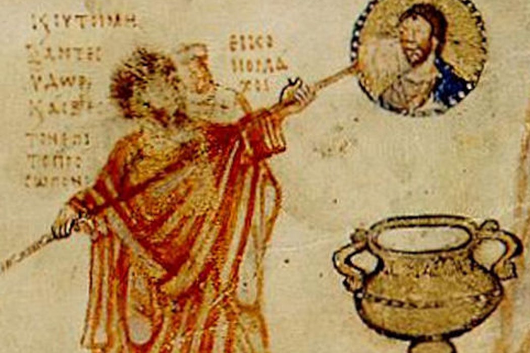 Byzantine illustration from the 9th century; a robed figure is destroying an icon.