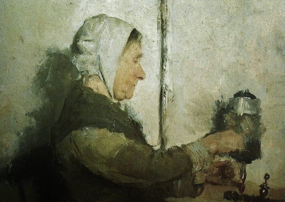 Oil painting of an older woman from the late 1800's; "The Spinster" painted by Evert Larock