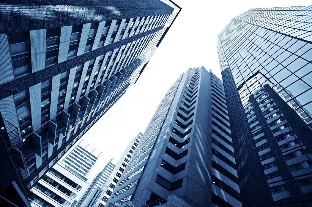 Upwards looking shot of city skyscrapers