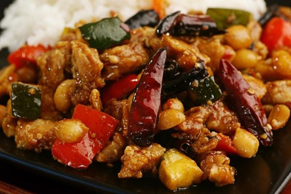 Close-up of a spicy Chinese chicken dish