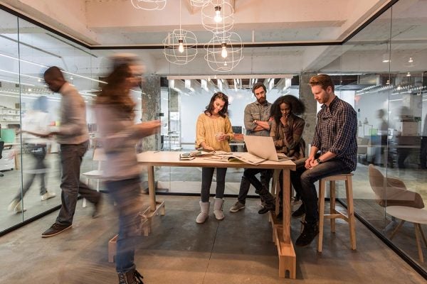 People standing in the office and working together on computer.