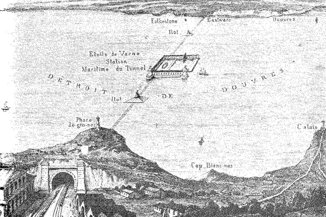 Thomé de Gamond's plan of 1856 for a cross-Channel link, with a port/airshaft on the Varne sandbank mid-Channel