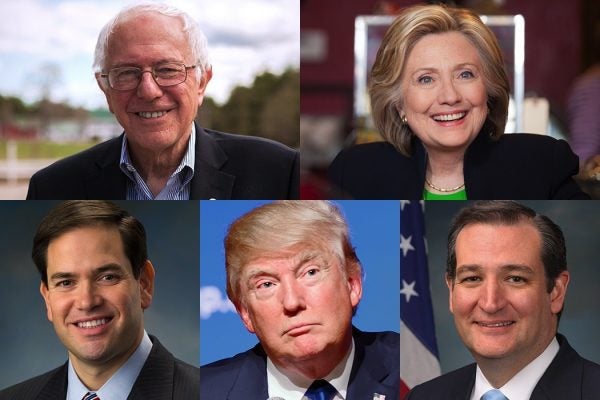 Presidential Candidates Bernie Sanders, Hillary Clinton, Marco Rubio, Donald Trump and Ted Cruz.