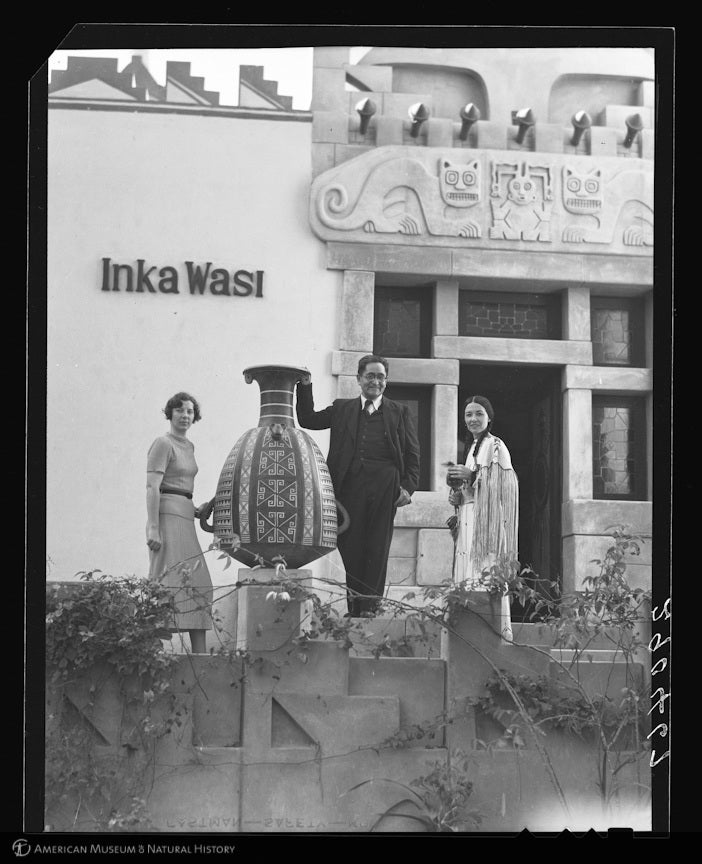 “Dorothy A. Bennett, Te Ata Fisher, and Dr. Julio C. Tello at Inka Wasi, Dr. Tello's home, Lima, Peru, 1937,” Fisher, George Clyde, AMNH Digital Special Collections. Courtesy of American Museum of Natural History