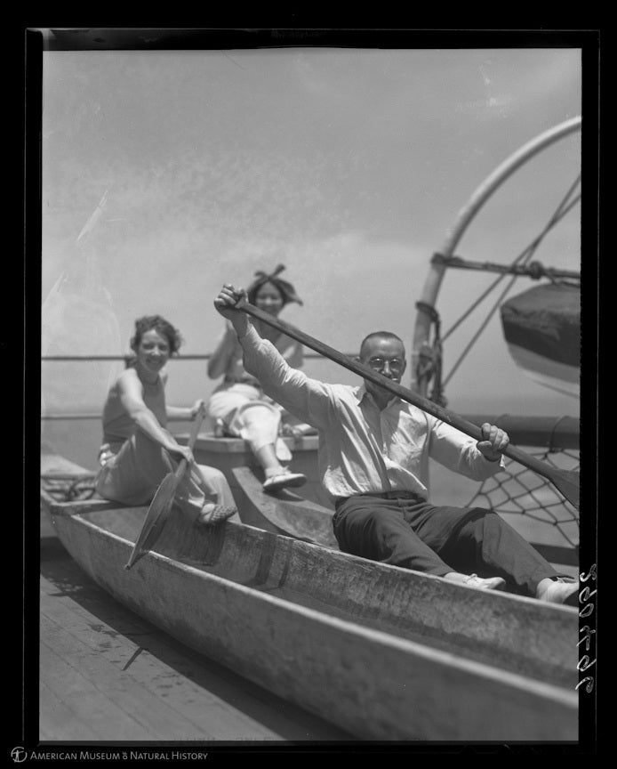 “Dorothy A. Bennett, Te Ata Fisher, and Major Albert W. Stevens with dugouts on the SS Santa Clara, en route to New York from Lima, Peru, 1937,” Fisher, George Clyde, AMNH Digital Special Collections. Courtesy of American Museum of Natural History