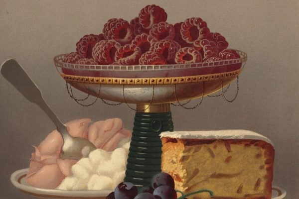 Painting: Dessert No. 4 by  Carducius Plantagene Ream, depicting cake, raspberries, and ice cream

Source: https://commons.wikimedia.org/wiki/File:Dessert_No._4_by_Boston_Public_Library.jpg