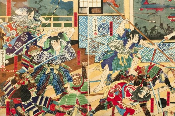 Samurai battle on old vintage Japanese screen