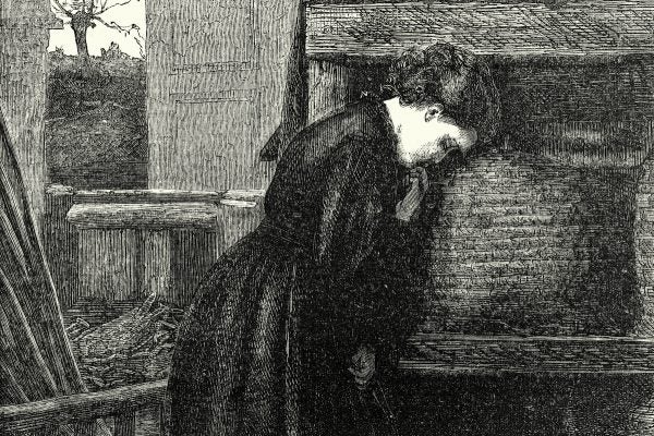 Vintage engraving of Victorian woman Telling the Bees 1860s