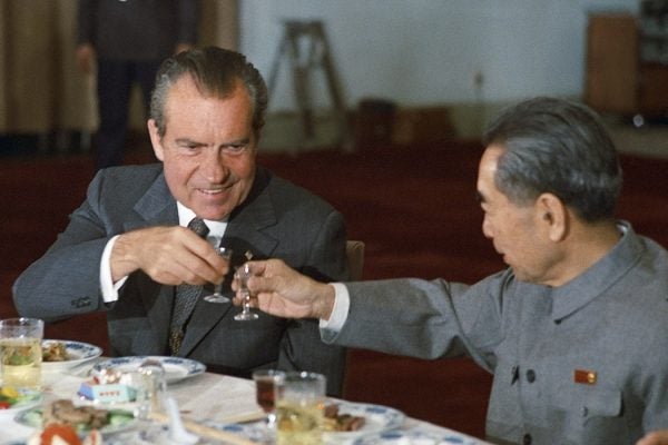 Nixon and Chinese Premier Zhou Enlai toast during Nixon's 1972 visit to China