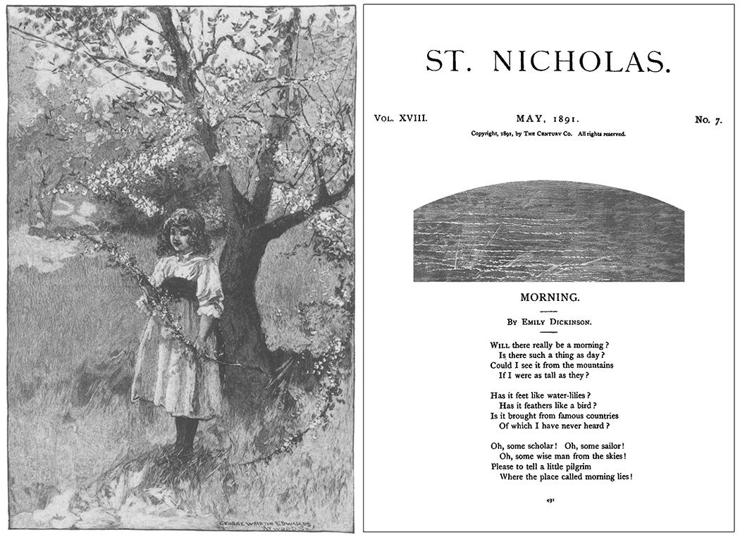 "Morning" by Emily Dickinson, and "Spring Blossoms," an illustration by George Wharton Edwards