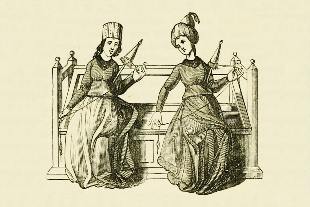 Two women spinning silk in the 15th century