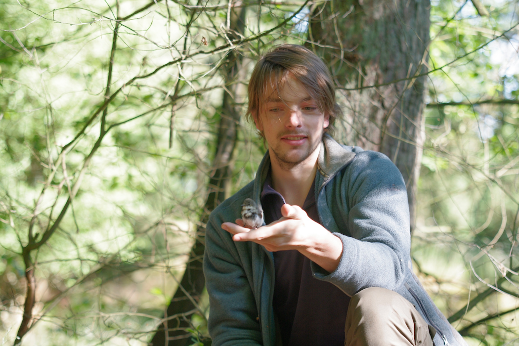 A man holding a small bird perched on his hand