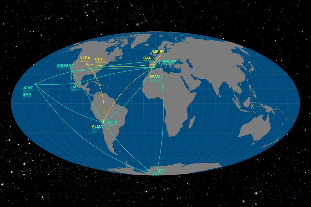 This infographic details the locations of the participating telescopes of the Event Horizon Telescope (EHT) and the Global mm-VLBI Array (GMVA).