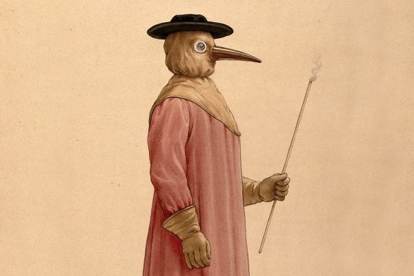 A physician wearing a seventeenth century plague preventive costume