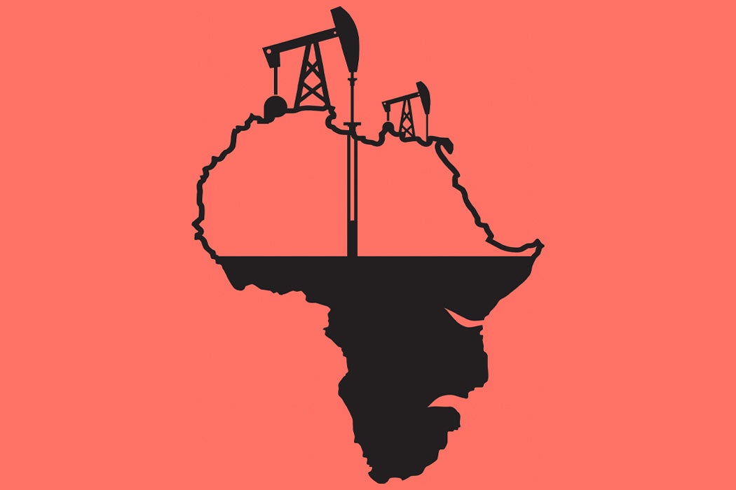 An illustration of the continent of Africa slowly being drained of oil