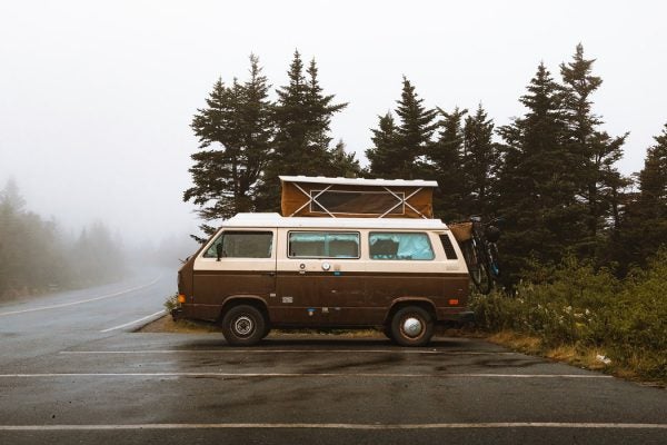 A camper van parked beside some trees in the fog