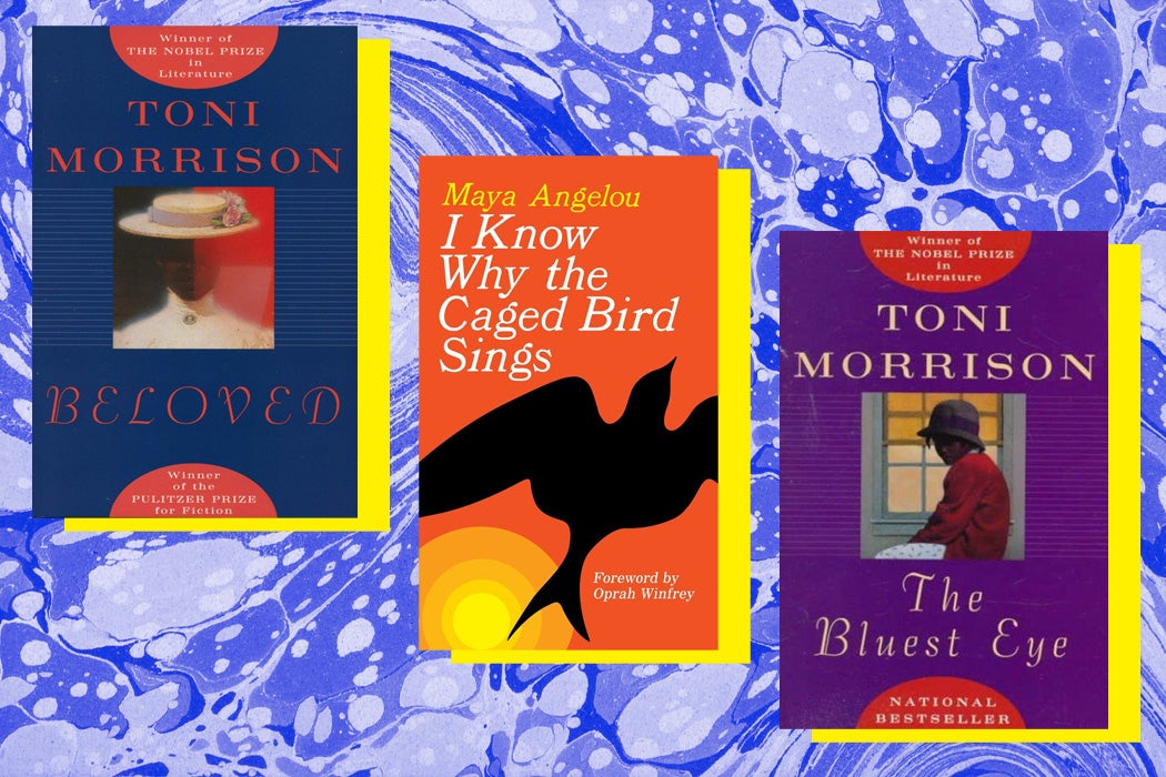 The covers for "The Bluest Eye" and "Beloved" by Toni Morrison and "I Know Why the Caged Bird Sings" by Maya Angelou