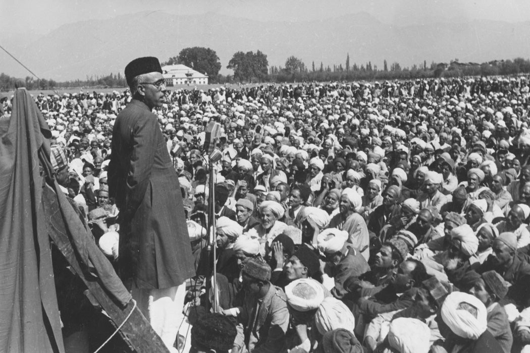 Sheik Abdullah, leader of the Kashmiri government in Srinagar, addressing a prayer meeting in Gandhi Park in 1949. He is in favour of an independent Kashmir in a union with India. 