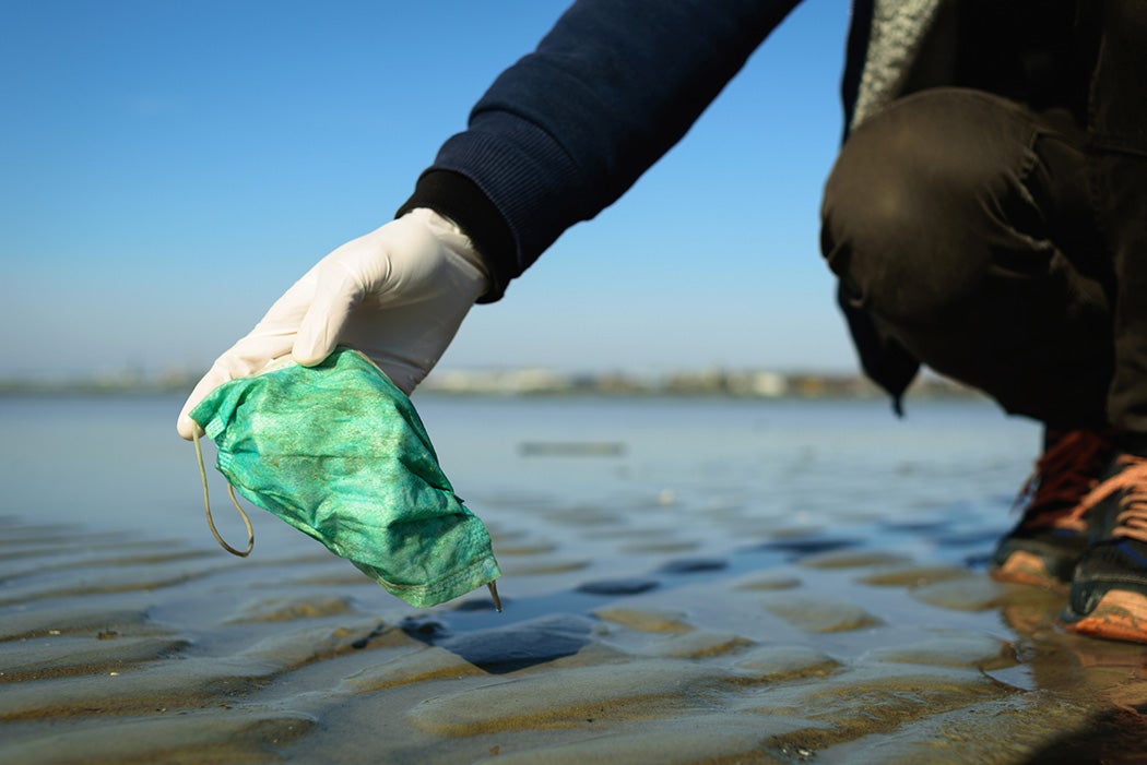 Man holding Dirty used disposable medical mask on beach by sea. Pollution due coronavirus pandemic