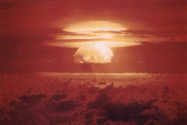 The Castle Bravo hydrogen bomb blast at Bikini Atoll on March 1, 1954