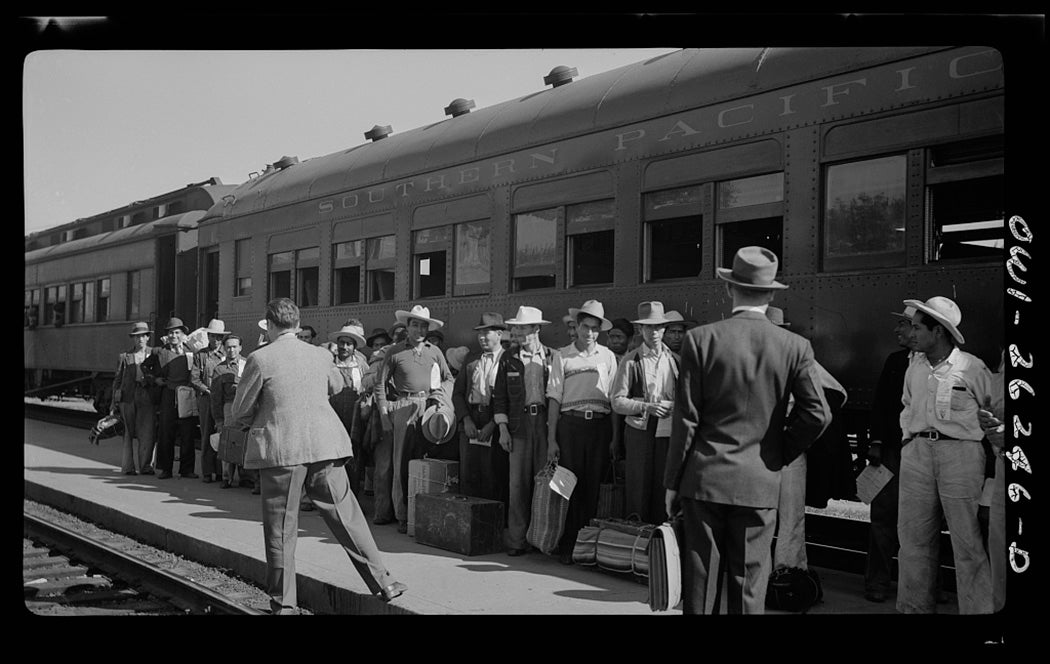 Mexican agricultural laborers arriving by train to help in the harvesting of beets in Stockton, California, 1943