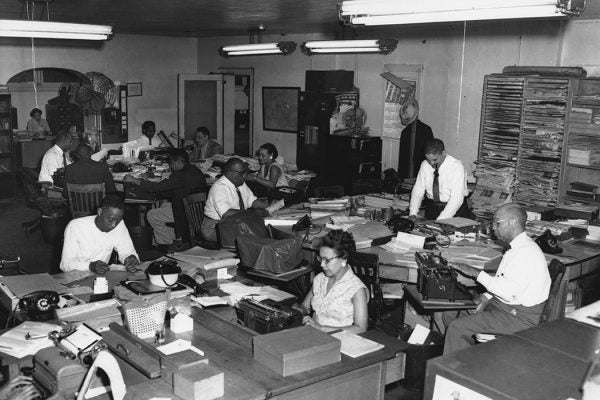 Workers at the offices of the Pittsburgh Courier newspaper, Pittsburgh Pennsylvania, 1946. At the time the Courier was one of the top-selling African-American newspapers in the United States.