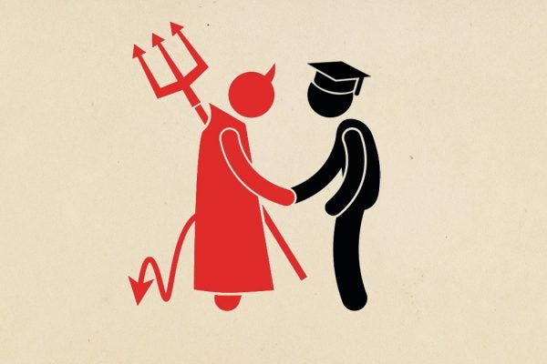 A devil shaking hands with a student