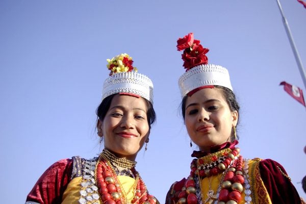 Two Khasi girls in traditional dress at the Shad Suk Mynsiem dance, Shillong, Meghalaya, India