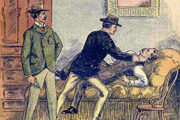An illustration for Jesse James at Long Branch in the magazine Log Cabin Library, 1898.