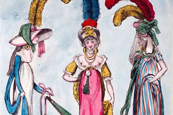 a caricature of three women whose depicted clothing satirizes the beginnings of neo-classical fashion influences in England.