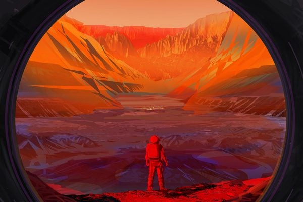 An artist concept of a NASA astronaut on Mars