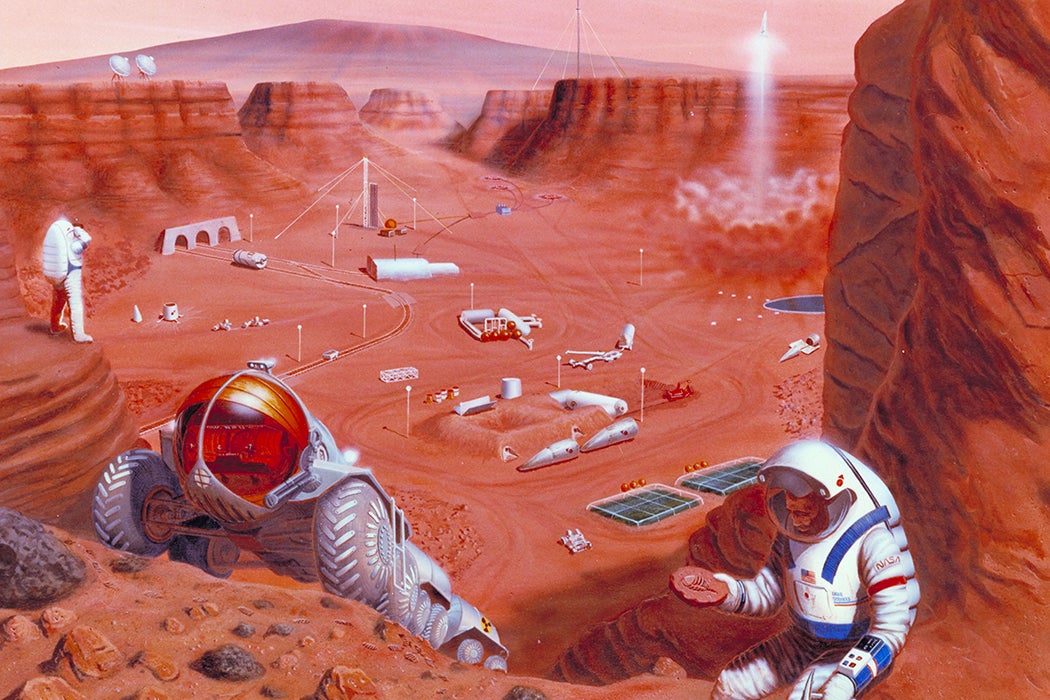 An artist concept of possible exploration of the surface of Mars.