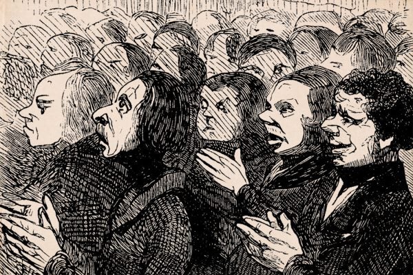 An illustration of claqueurs from an 1853 issue of Harper's Magazine