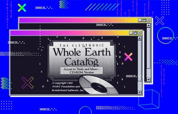 An illustration of the Whole Earth Catalog over a 90s computer graphic