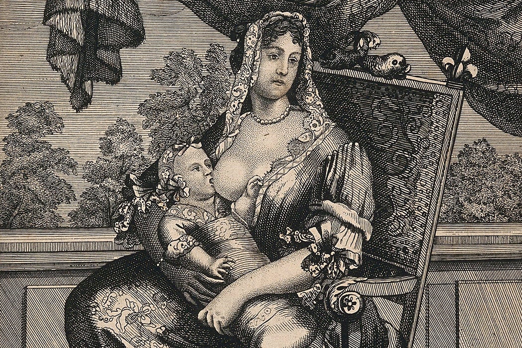 Etching: A wet nurse breast feeding the Duke of Burgundy, grandson of Louis XIV

Source: https://bibliotheek.ehb.be:2090/stable/community.24839779