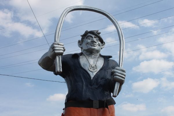 This statue in front of US Steel's Edgar Thomson Works in Braddock, PA depicts Joe Magarac, a mythical steelworker deriving from local legend.