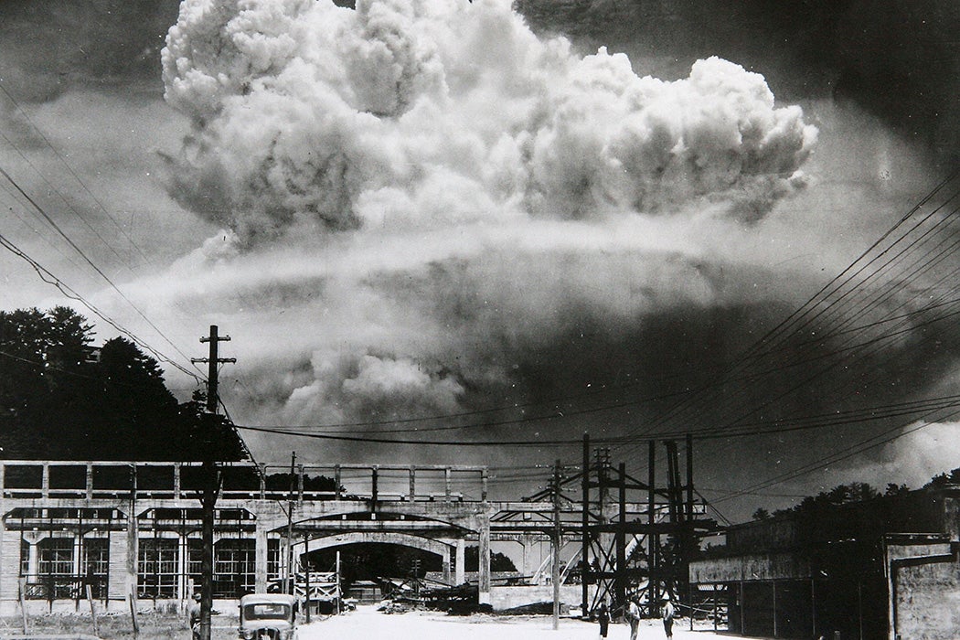 The radioactive plume from the bomb dropped on Nagasaki City, as seen from 9.6 km away, in Koyagi-jima, Japan, August 9, 1945.