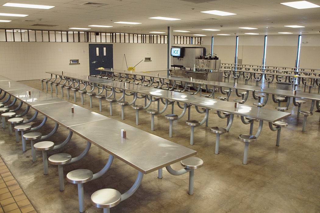 A cafeteria in Reeves County Detention Complex, Pecos, Texas