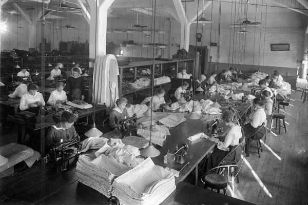 Women sewing fabric for seats at Pullman Works, Chicago, Illinois.